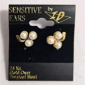 Sensitive Ears By I.D.  Danty Faux Pearls 24 Kt Gold Over Surgical Steel Post